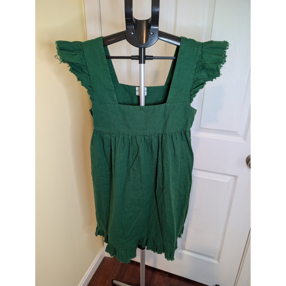 Aerie Mini Dress Womens XS Green Linen Blend Ruffle Sleeve Babydoll Boho Pocket‎